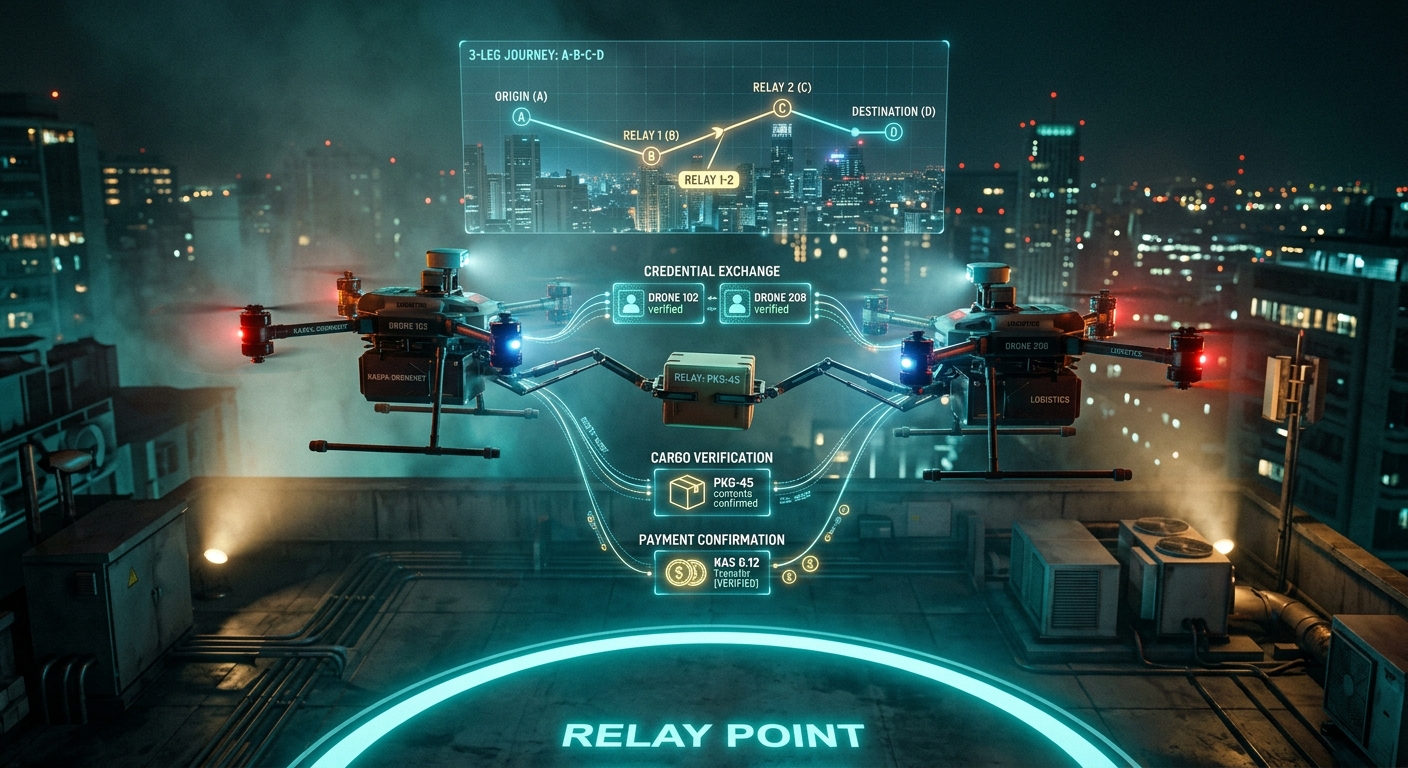 Drone relay handoff — package transfer between autonomous drones